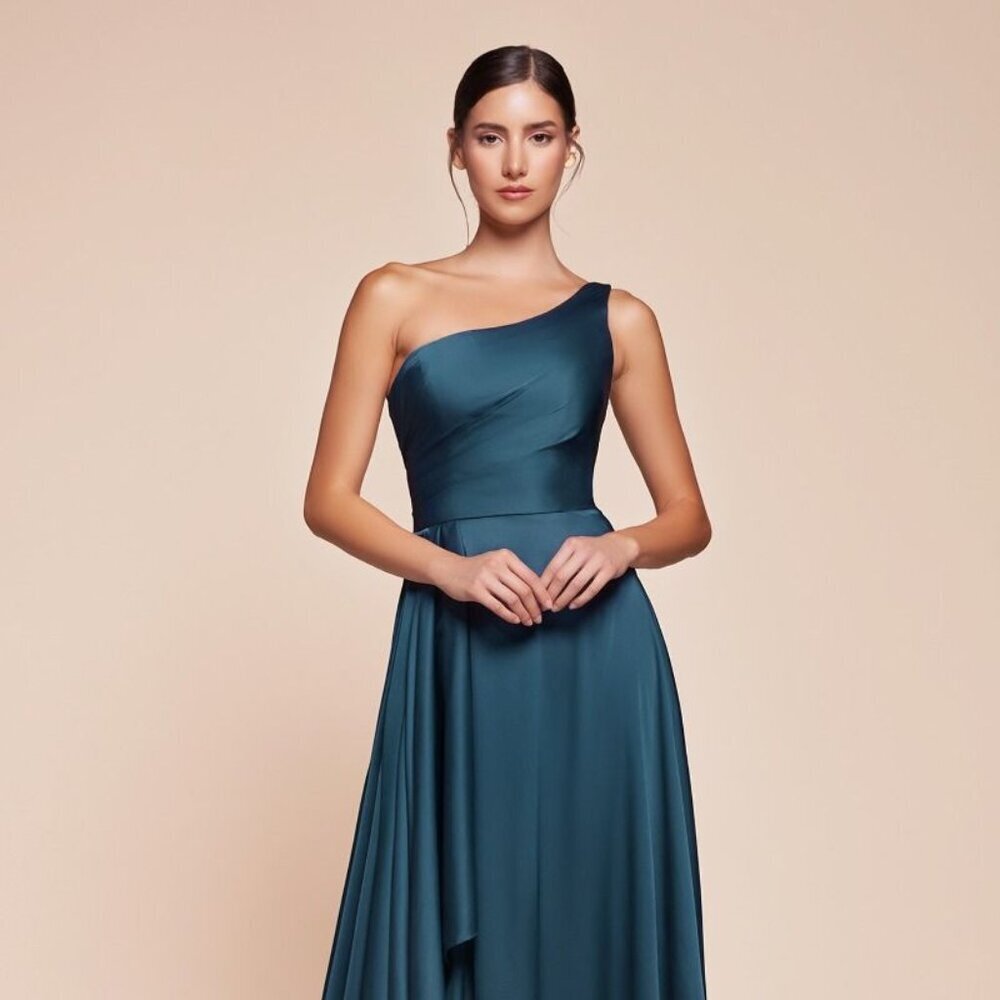 NEW FORMAL A-LINE LONG SOFT SATIN DRESS W/ ONE SHOULDER NECK & LEG SLIT CD 7450